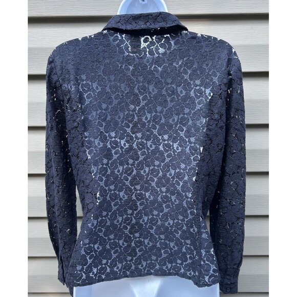 Y2K Cache Navy Lace Top Vtg Medium Sheer Button Up Whimsigoth Vamp Victorian - Picture 2 of 5
